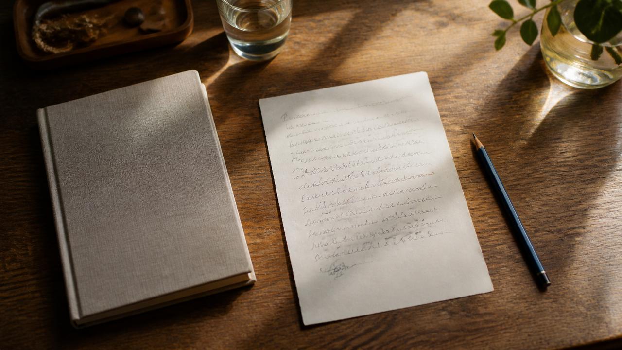 Cuaderno de tela cerrado junto a una hoja escrita y un lápiz azul sobre una mesa de madera.