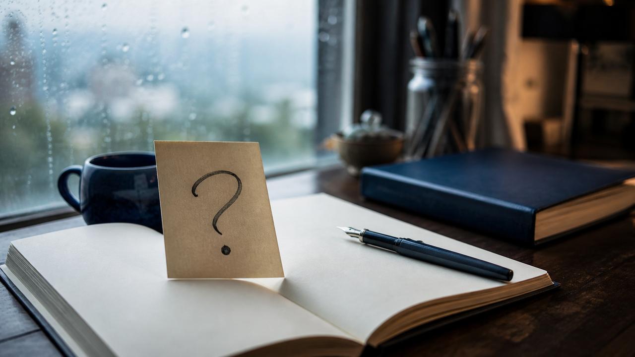 Tarjeta con un signo de interrogación sobre un cuaderno abierto junto a una ventana con lluvia.