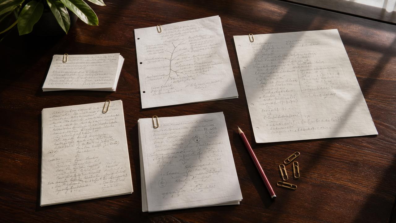 Cinco grupos de hojas de estudio de tamaños distintos sobre una mesa oscura.