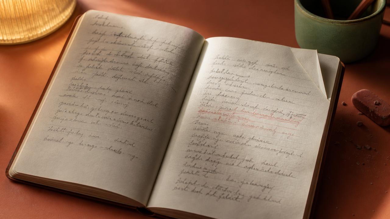 Cuaderno usado con una corrección en lápiz rojo bajo la luz cálida de una lámpara.