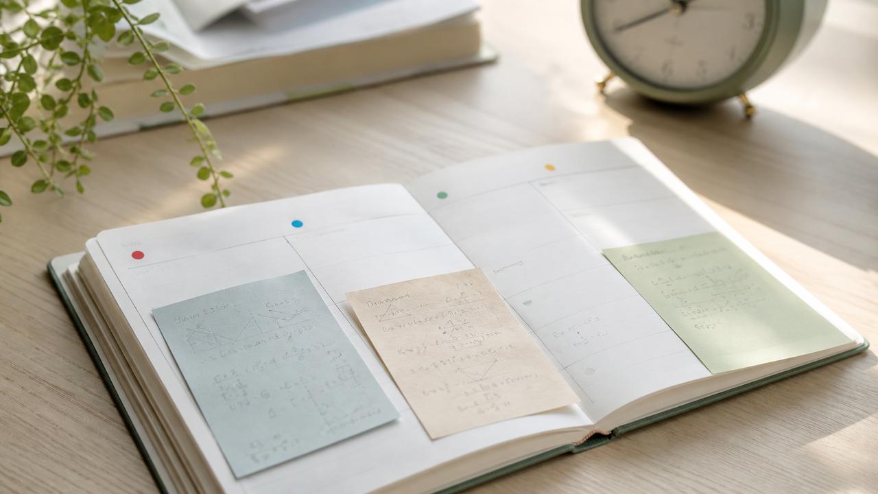 Agenda semanal con tres hojas de repaso y puntos de colores junto a un reloj.