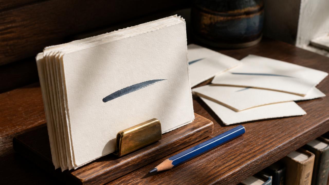 Baraja artesanal de tarjetas de estudio sujetas por una pinza de latón.