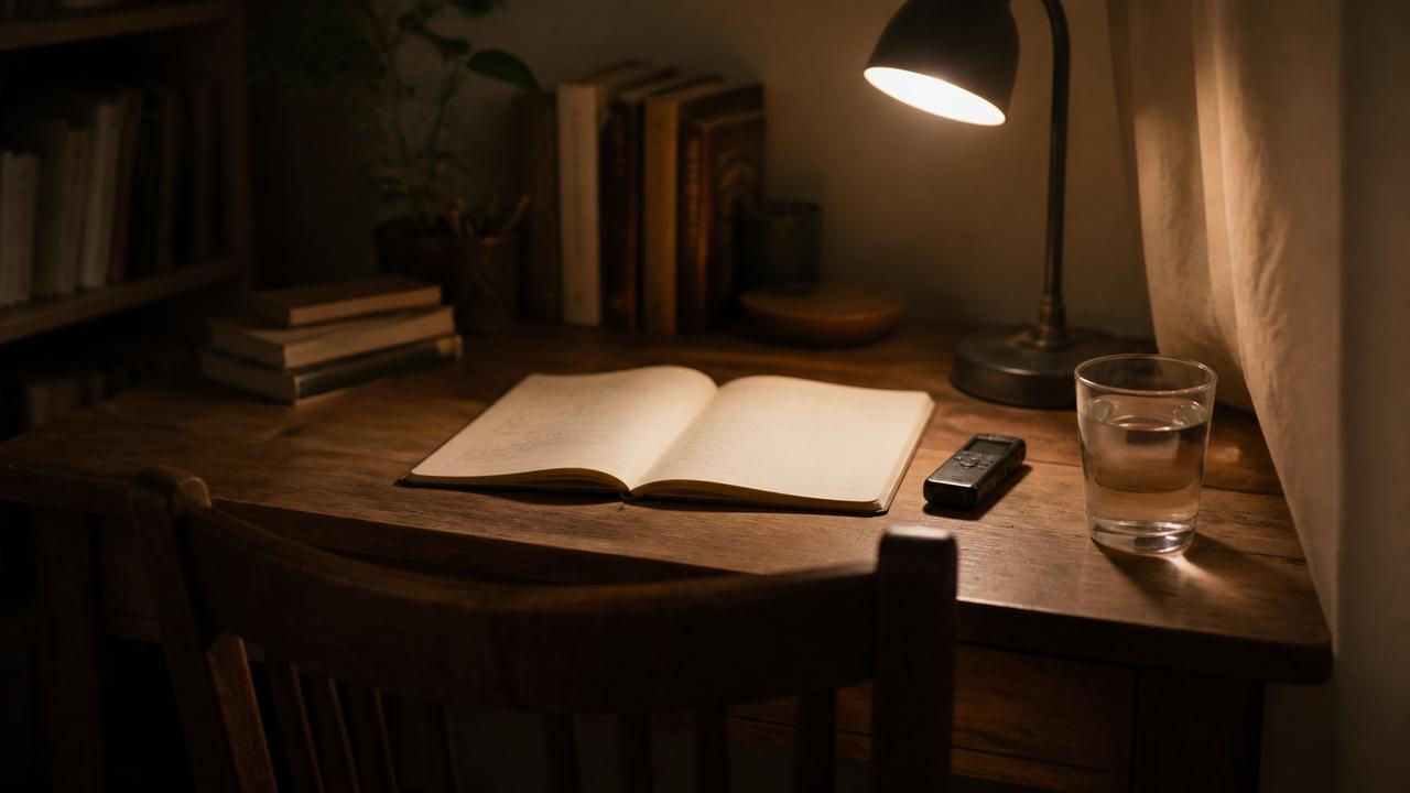 Mesa de estudio vacía con un cuaderno y una lámpara encendida