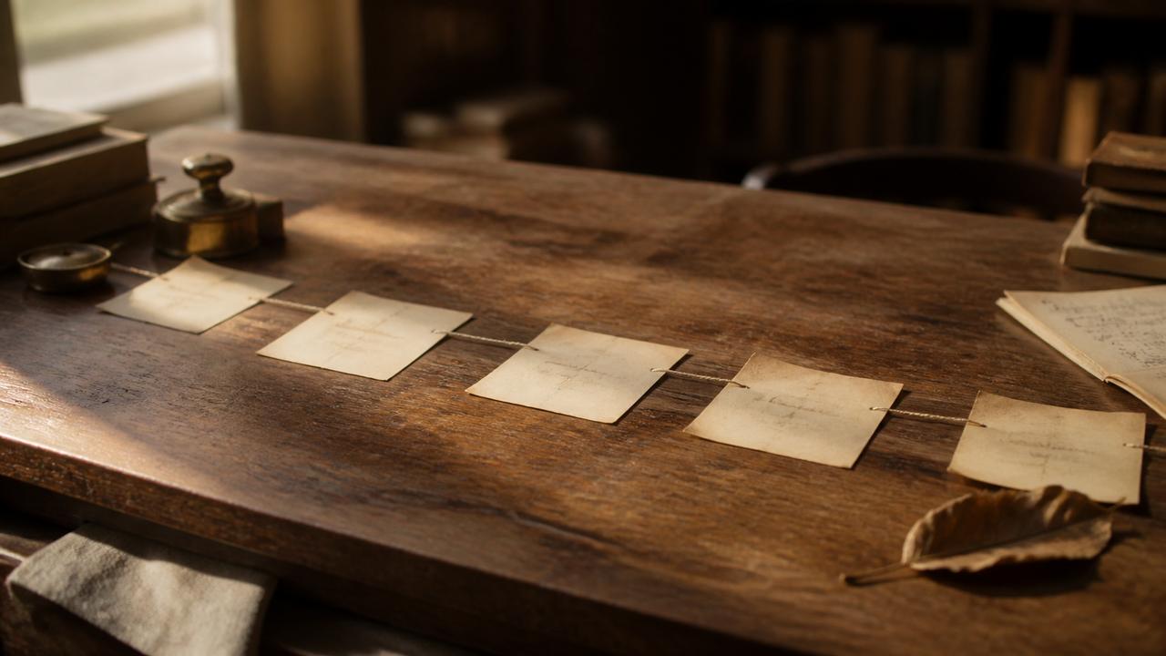 Cinco notas antiguas enlazadas por un hilo sobre una mesa de archivo.