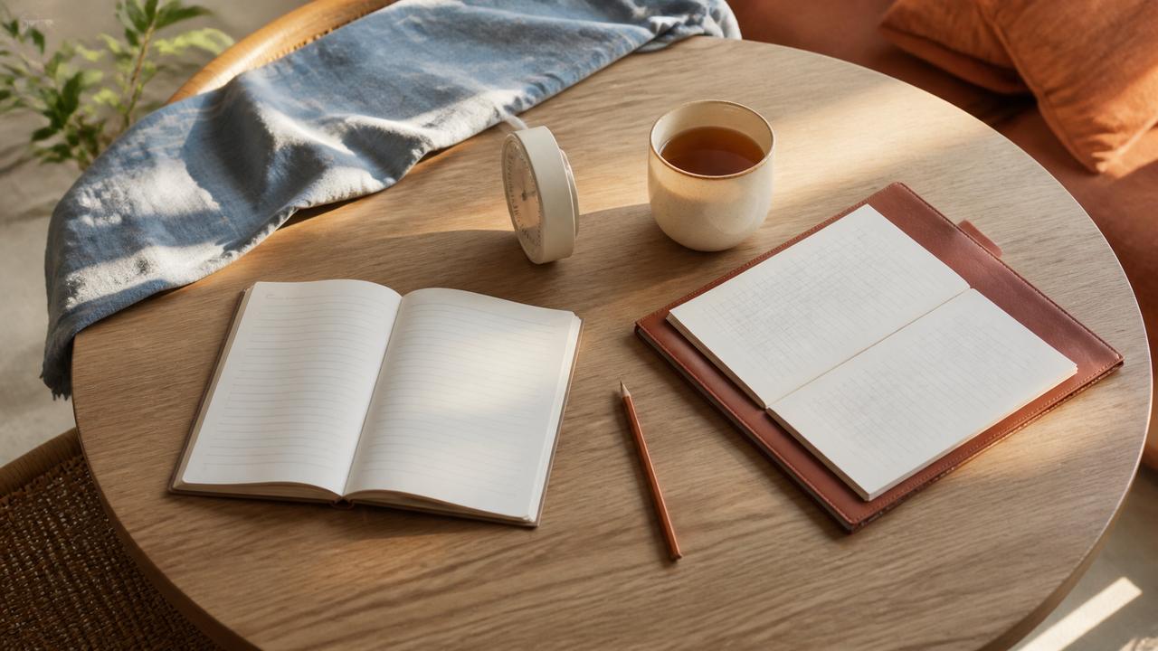 Dos cuadernos, un temporizador y una taza sobre una mesa redonda iluminada por el sol.