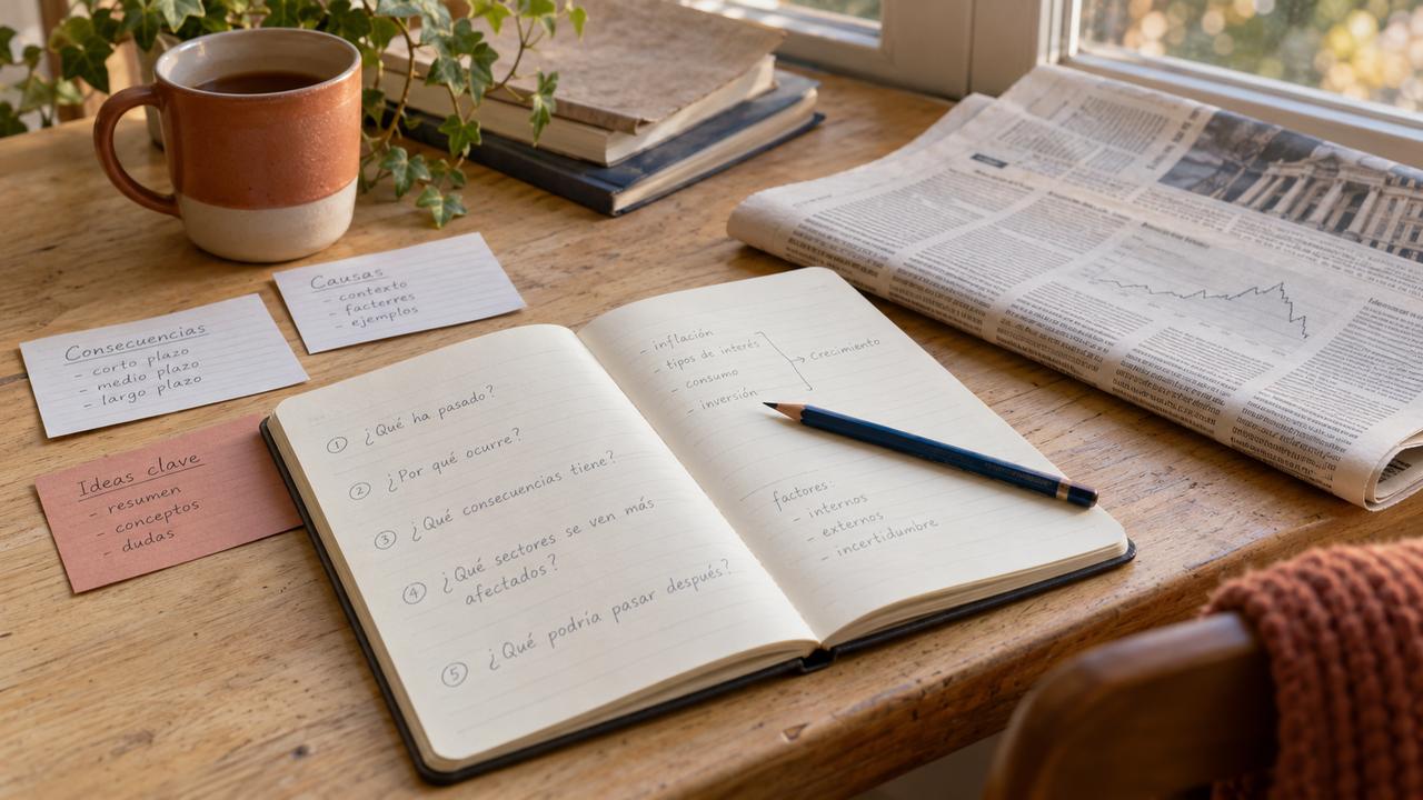 Cuaderno abierto con preguntas de estudio, tarjetas y un lápiz azul junto a un periódico en una mesa iluminada por una ventana.